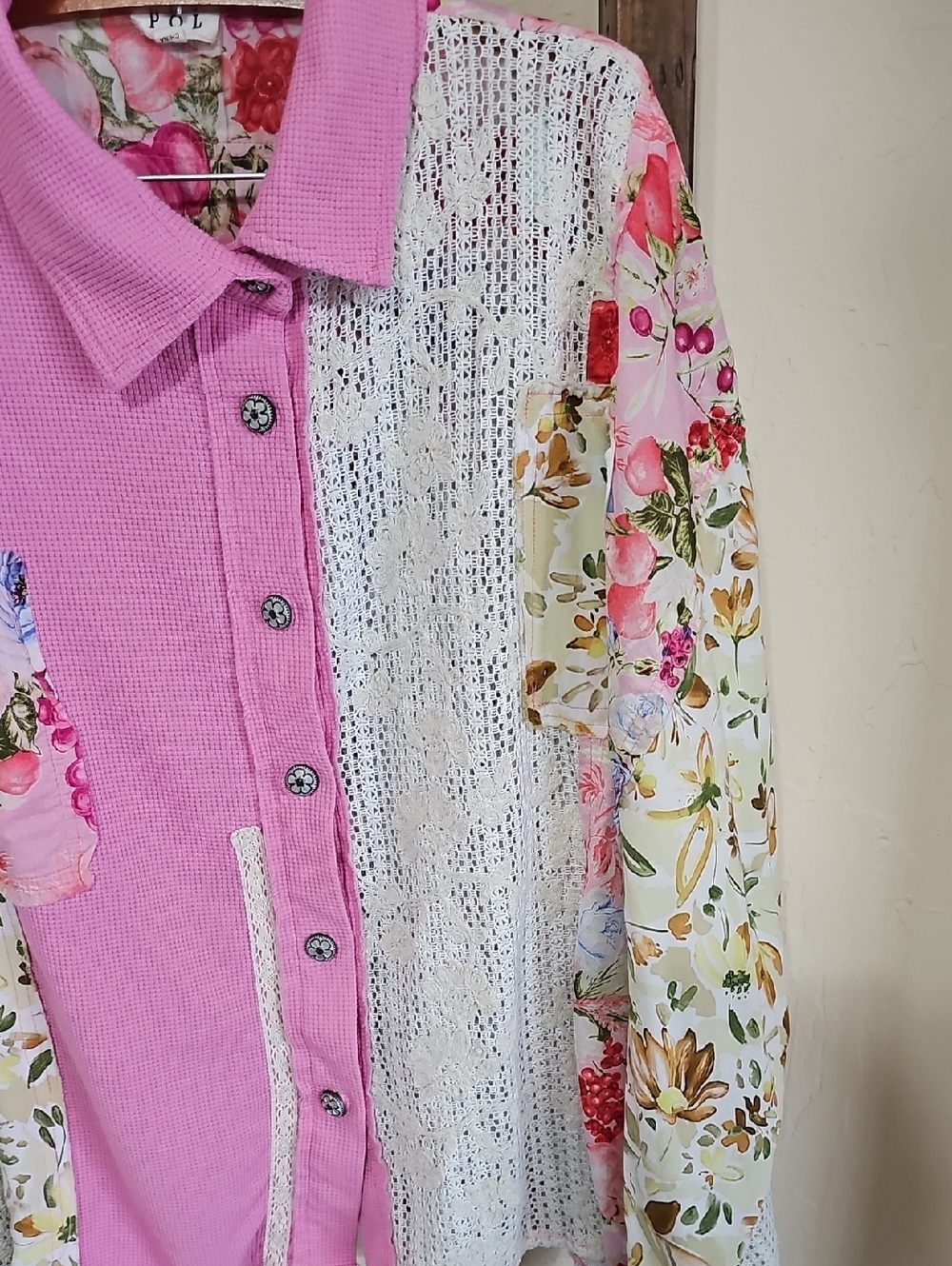 POL Pink Floral Patchwork Lace Button-Up Shirt - Picture 5 of 16